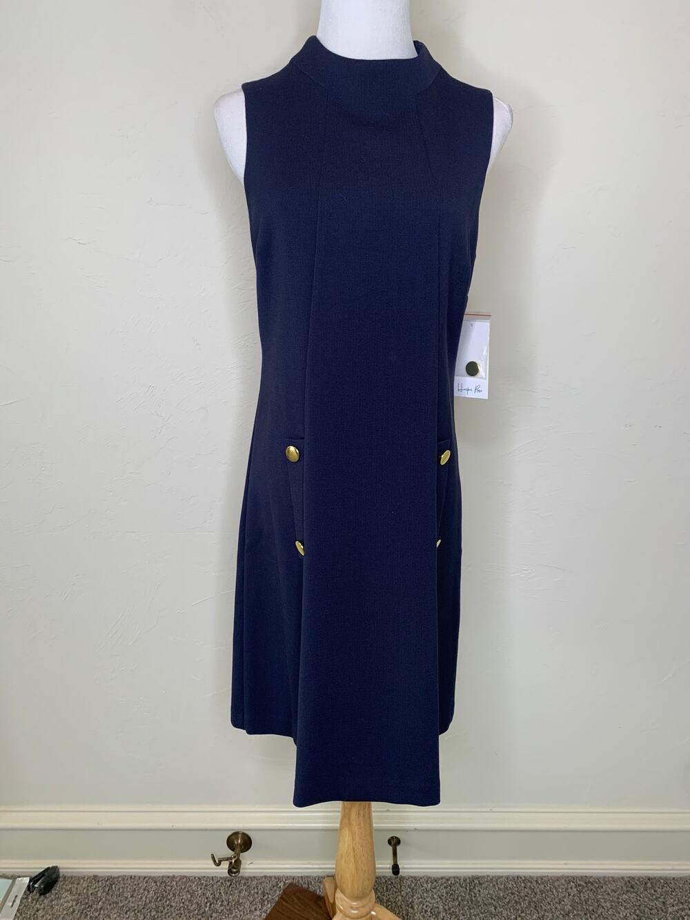 NWT Harper Rose Navy Blue Shift Dress Mod 60s Style Front Gold Buttons Sz 8